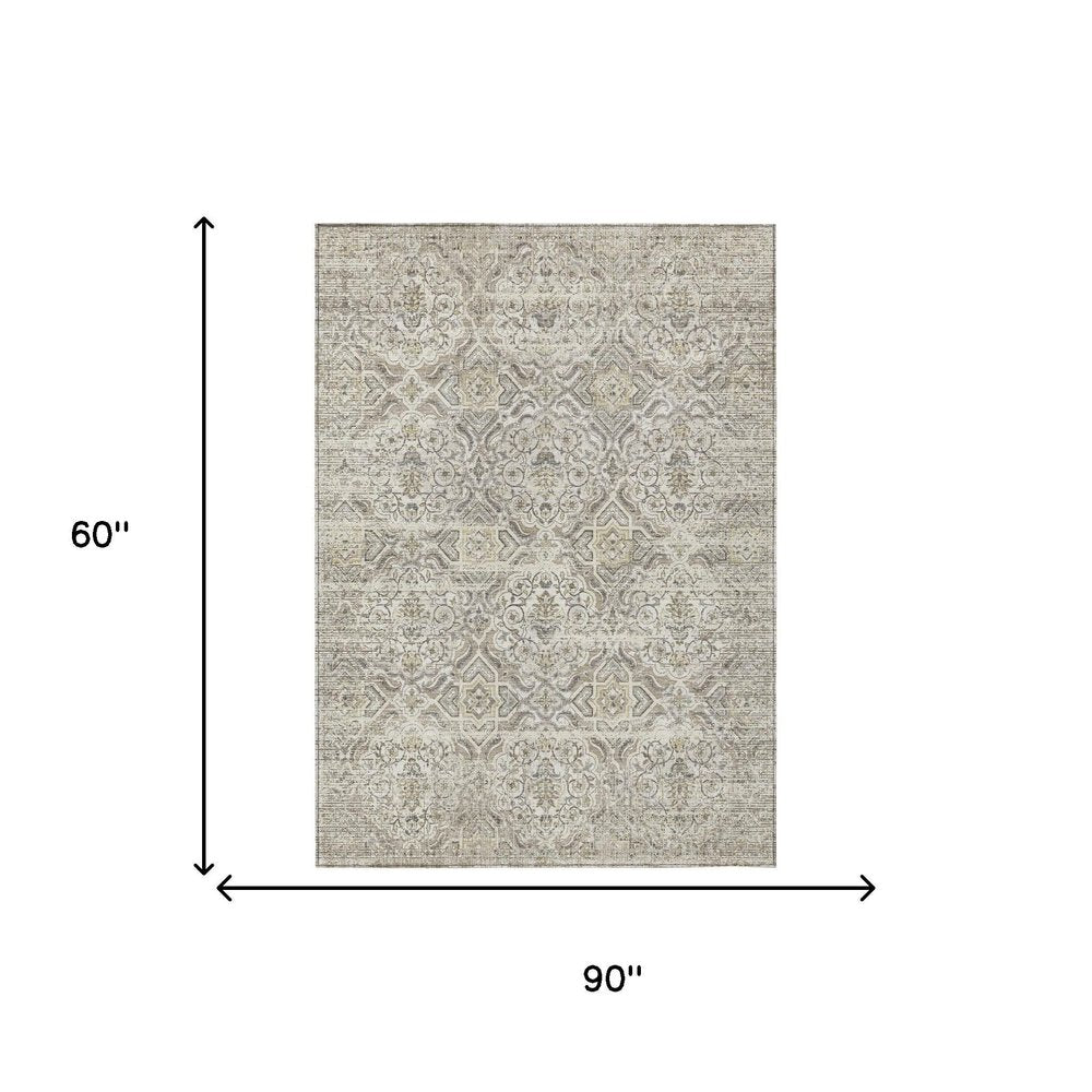 5' X 8' Ivory And Linen Floral Washable Indoor Outdoor Area Rug HomeRoots
