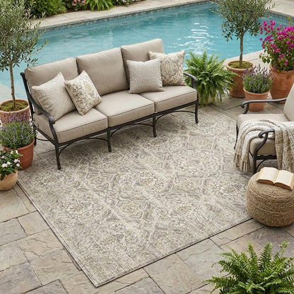 5' X 8' Ivory And Linen Floral Washable Indoor Outdoor Area Rug HomeRoots