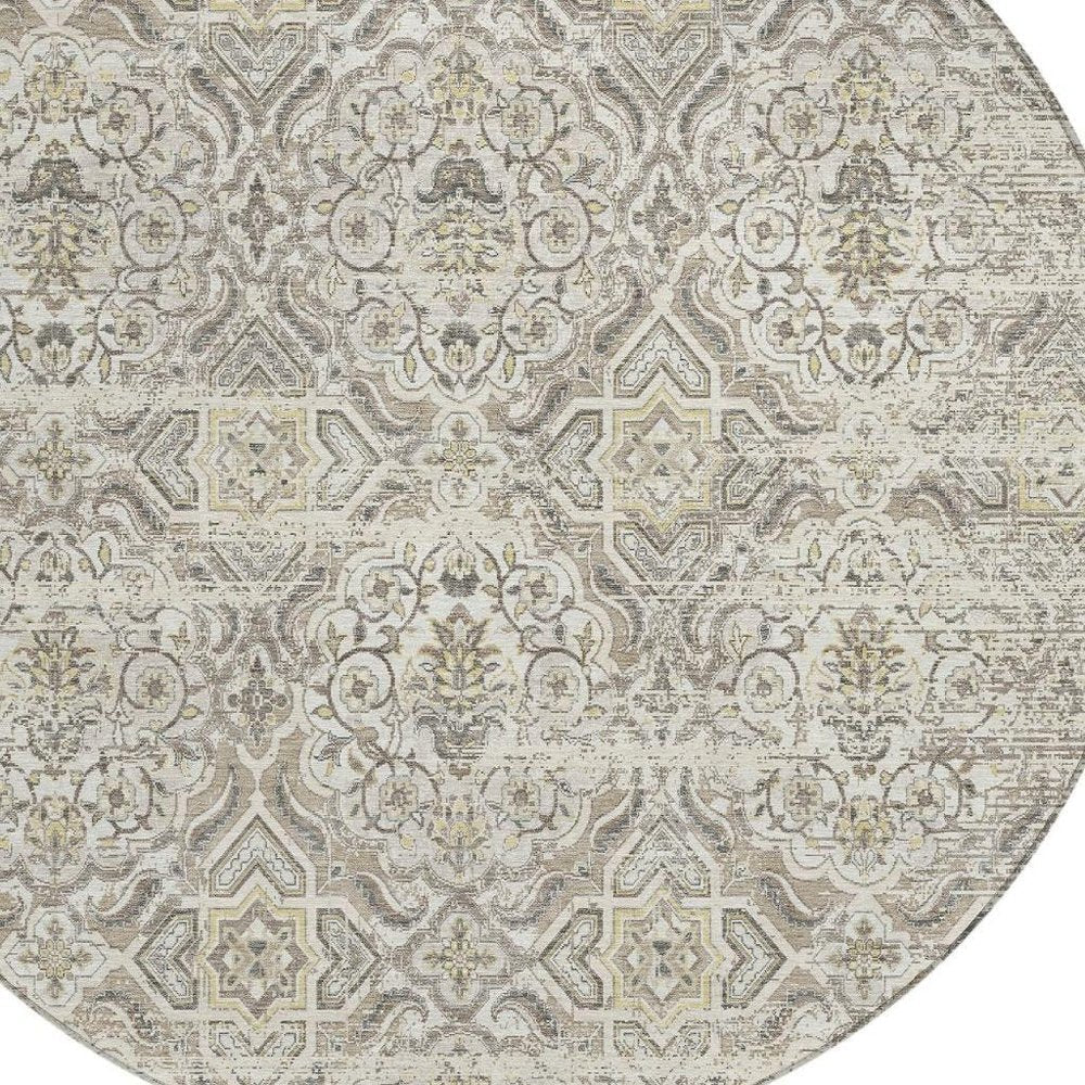 8' Ivory And Linen Round Floral Washable Indoor Outdoor Area Rug — view 6