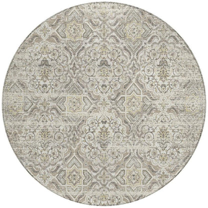 8' Ivory And Linen Round Floral Washable Indoor Outdoor Area Rug HomeRoots