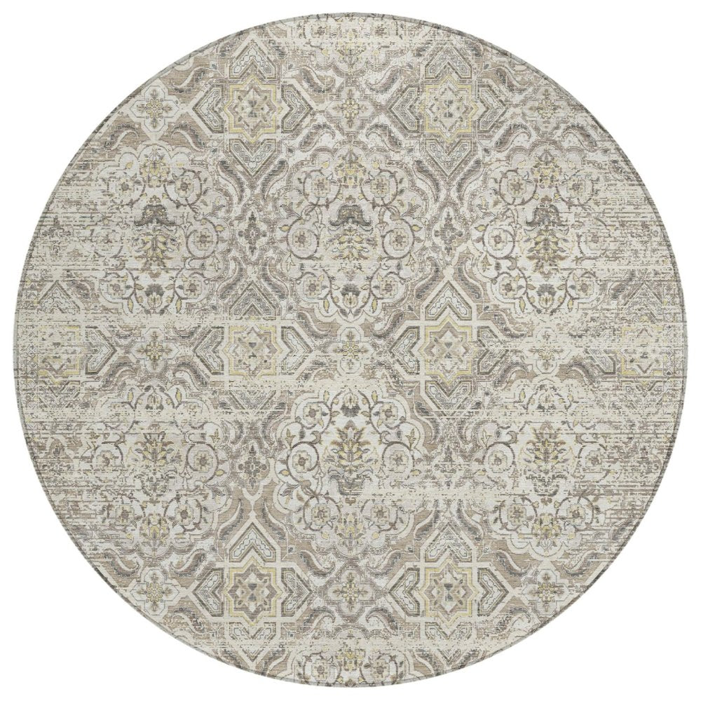8' Ivory And Linen Round Floral Washable Indoor Outdoor Area Rug — view 1