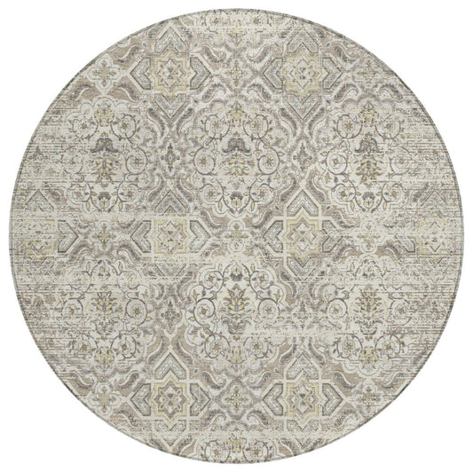 8' Ivory And Linen Round Floral Washable Indoor Outdoor Area Rug