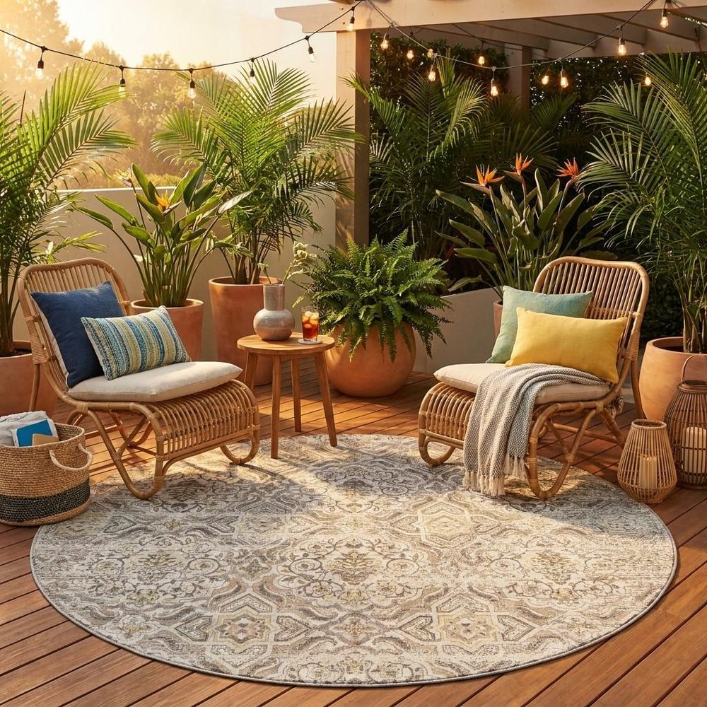 8' Ivory And Linen Round Floral Washable Indoor Outdoor Area Rug HomeRoots