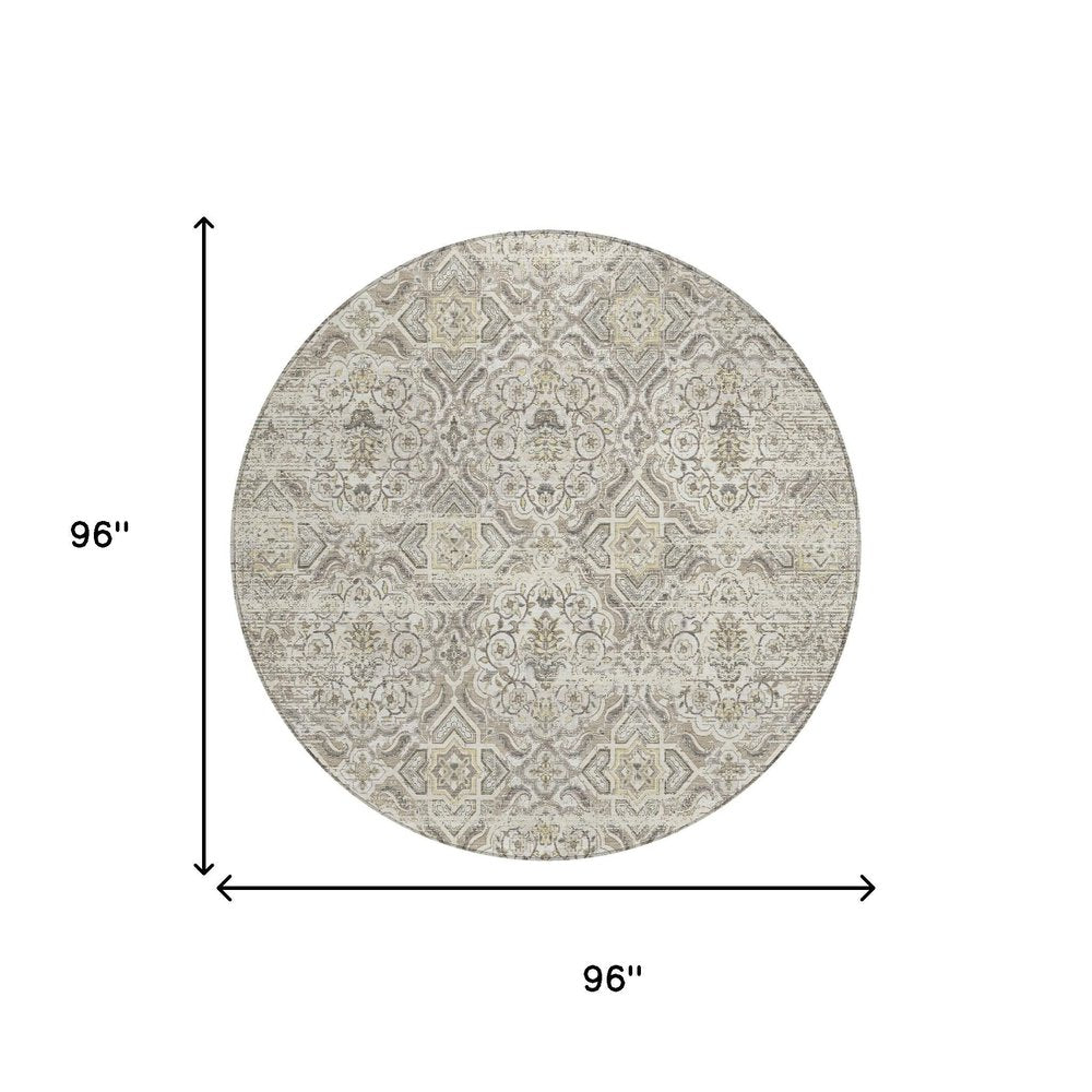 8' Ivory And Linen Round Floral Washable Indoor Outdoor Area Rug — view 4
