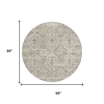 8' Ivory And Linen Round Floral Washable Indoor Outdoor Area Rug HomeRoots
