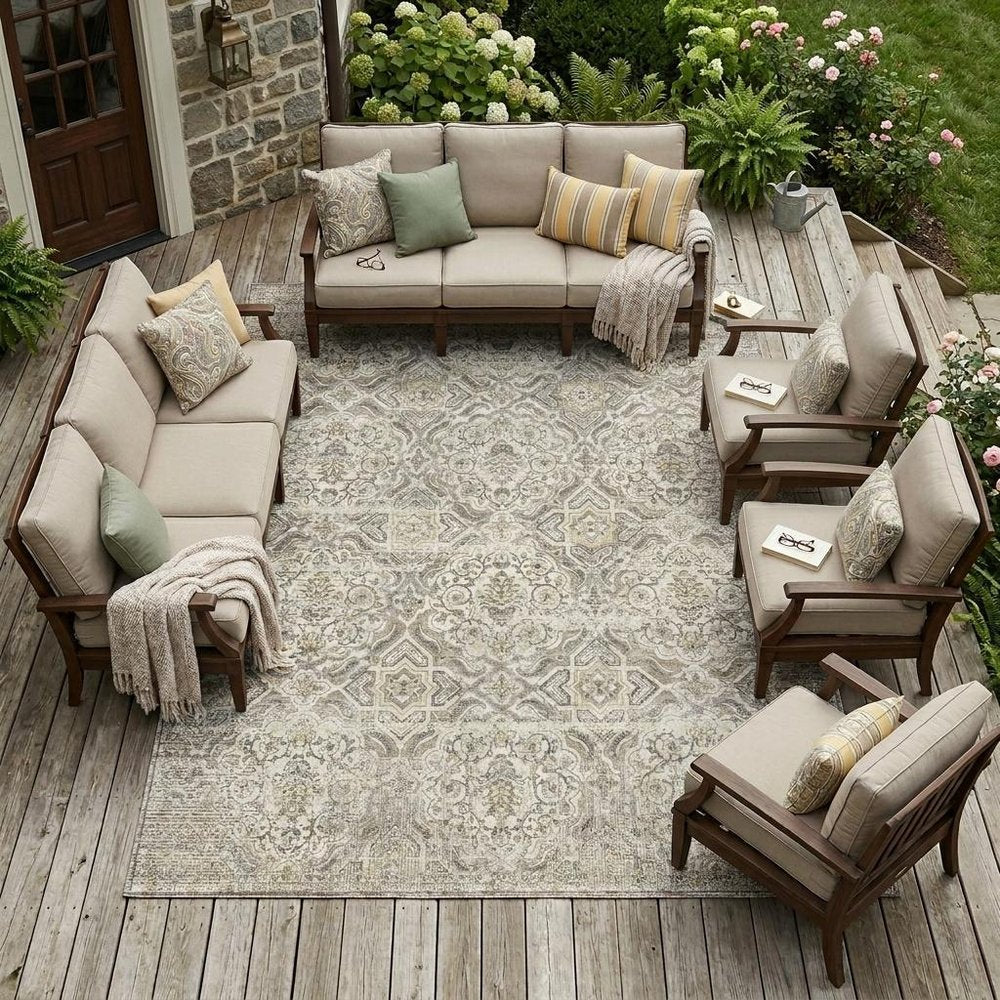 10' X 14' Ivory And Linen Floral Washable Indoor Outdoor Area Rug HomeRoots