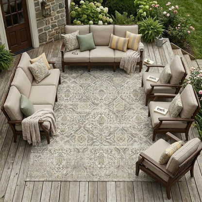 10' X 14' Ivory And Linen Floral Washable Indoor Outdoor Area Rug HomeRoots