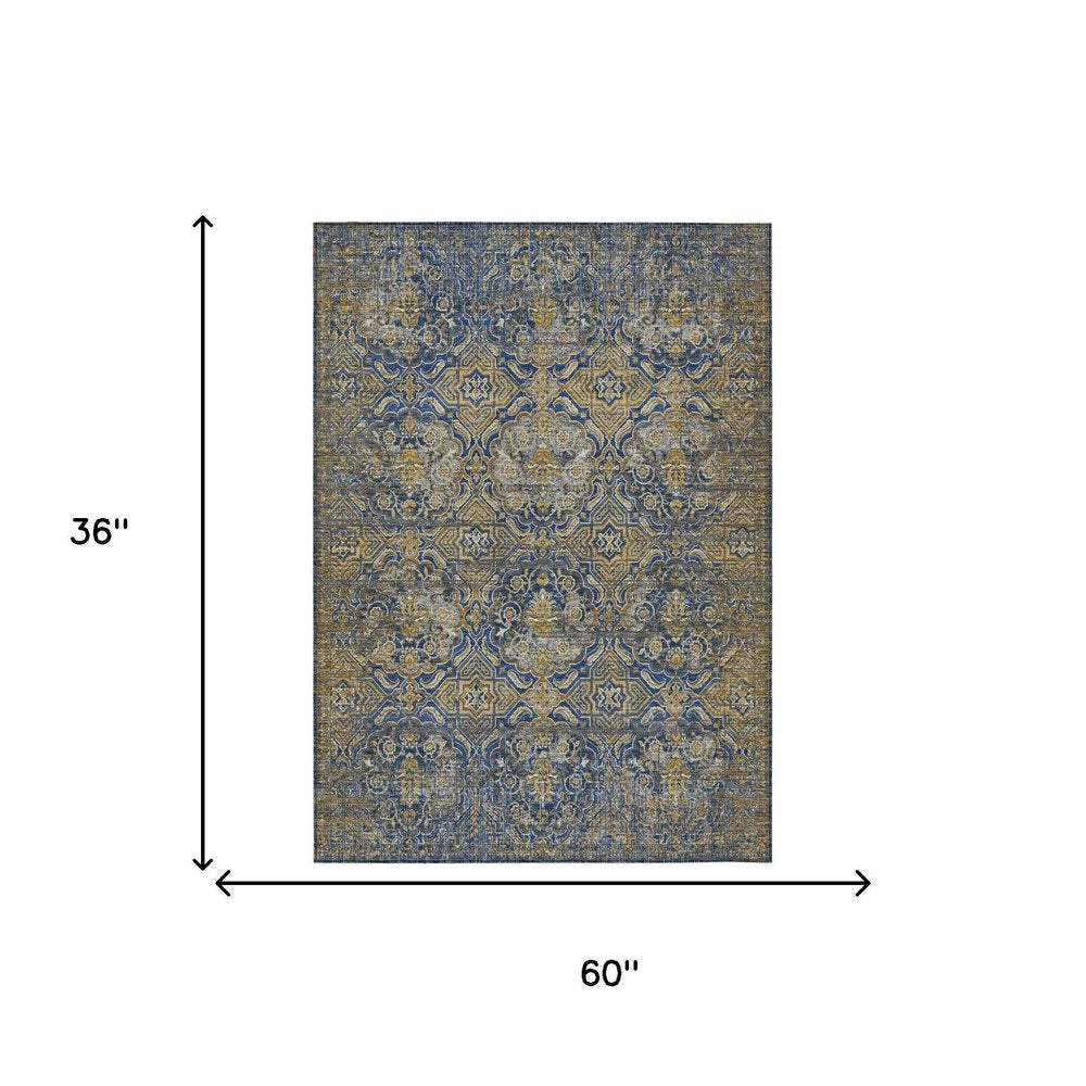 3' X 5' Navy Blue And Blue Floral Washable Indoor Outdoor Area Rug HomeRoots