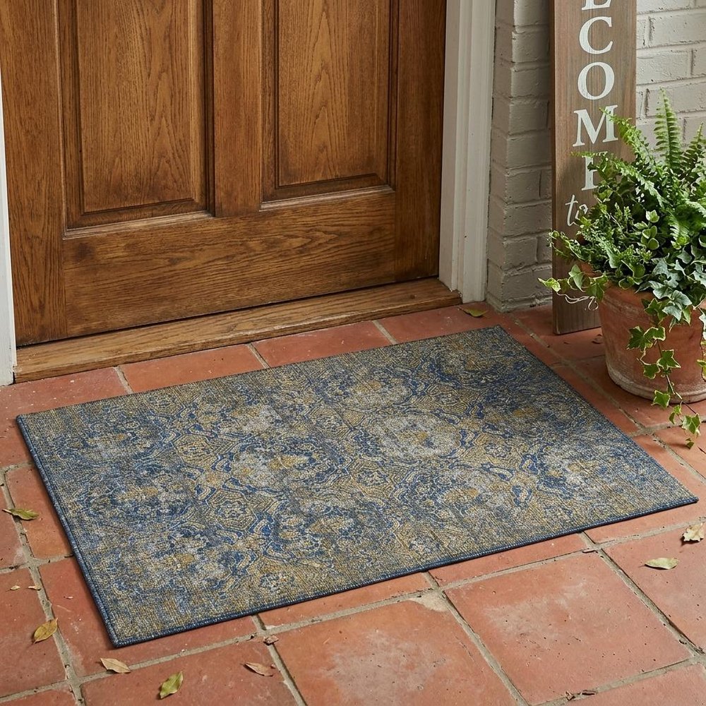 3' X 5' Navy Blue And Blue Floral Washable Indoor Outdoor Area Rug — view 5