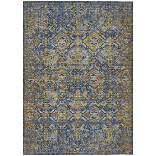 5' X 8' Navy Blue And Blue Floral Washable Indoor Outdoor Area Rug