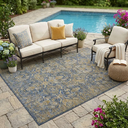 5' X 8' Navy Blue And Blue Floral Washable Indoor Outdoor Area Rug HomeRoots