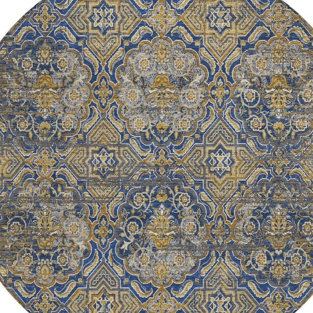 8' Navy Blue And Blue Round Floral Washable Indoor Outdoor Area Rug — view 6