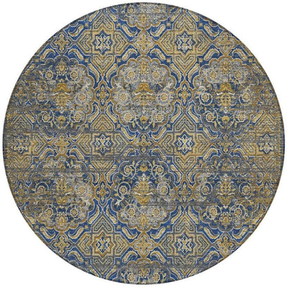 8' Navy Blue And Blue Round Floral Washable Indoor Outdoor Area Rug HomeRoots