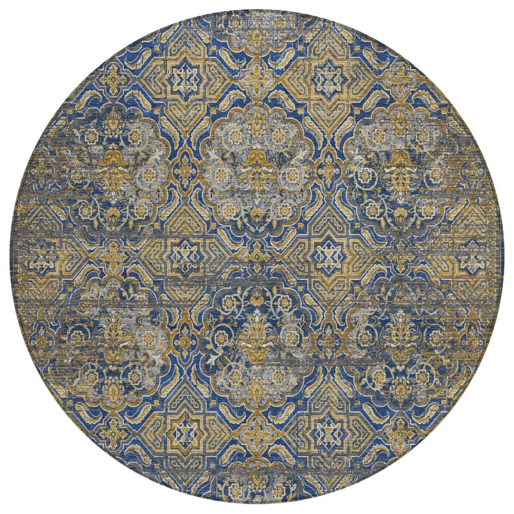 8' Navy Blue And Blue Round Floral Washable Indoor Outdoor Area Rug HomeRoots