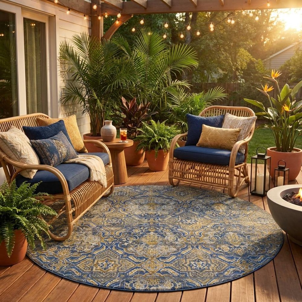 8' Navy Blue And Blue Round Floral Washable Indoor Outdoor Area Rug — view 5