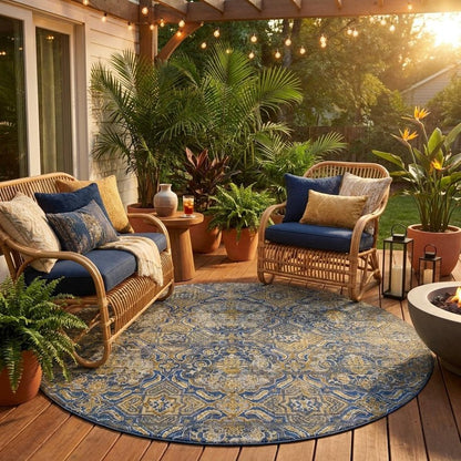 8' Navy Blue And Blue Round Floral Washable Indoor Outdoor Area Rug HomeRoots