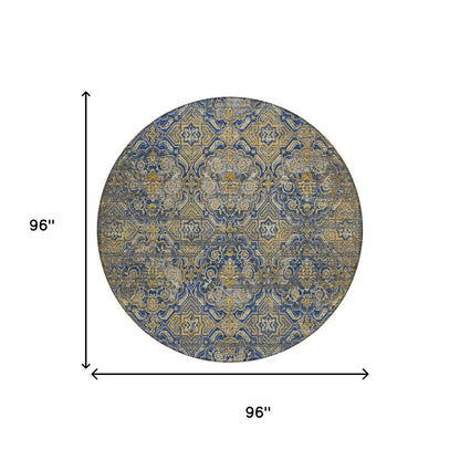 8' Navy Blue And Blue Round Floral Washable Indoor Outdoor Area Rug HomeRoots