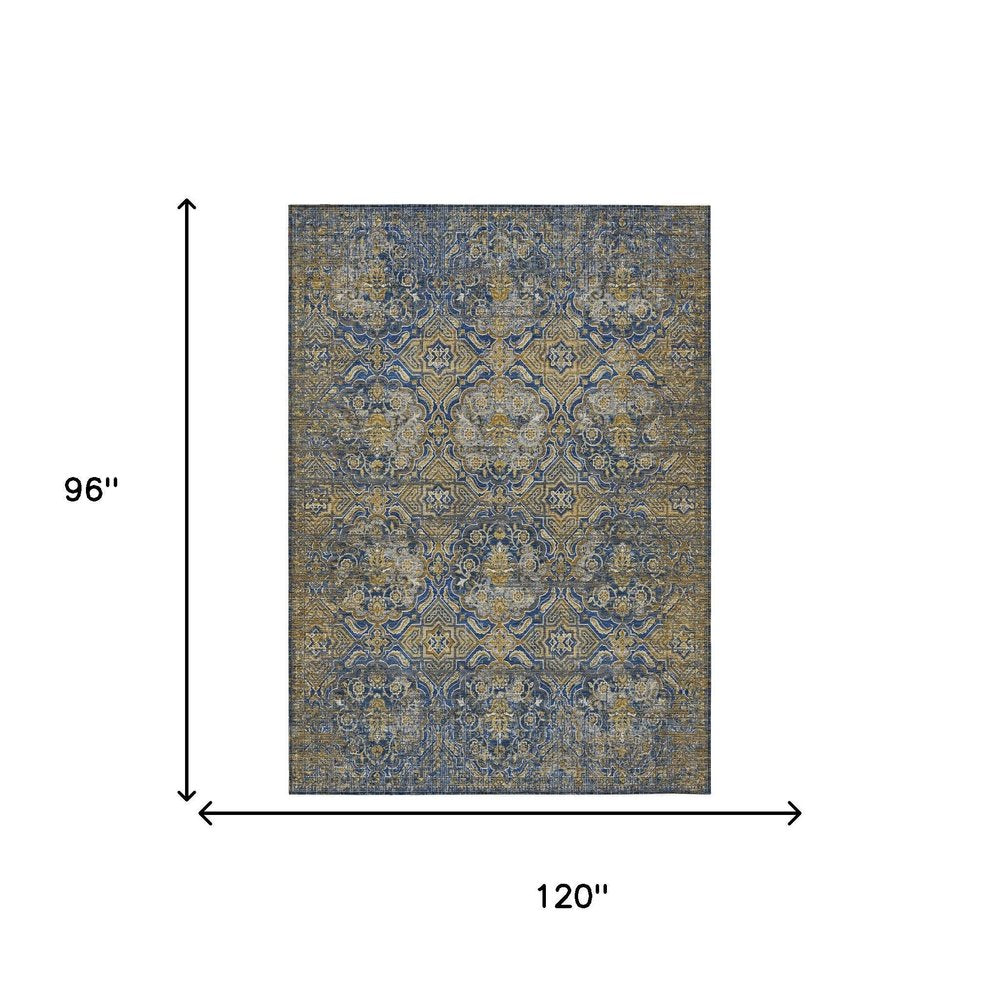 8' X 10' Navy Blue And Blue Floral Washable Indoor Outdoor Area Rug — view 4