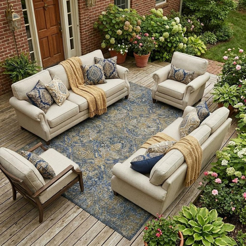 8' X 10' Navy Blue And Blue Floral Washable Indoor Outdoor Area Rug HomeRoots