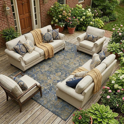 8' X 10' Navy Blue And Blue Floral Washable Indoor Outdoor Area Rug HomeRoots