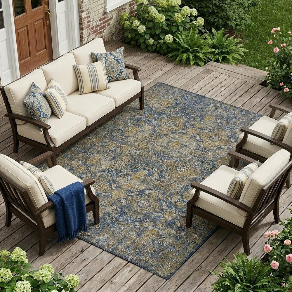 9' X 12' Navy Blue And Blue Floral Washable Indoor Outdoor Area Rug — view 5