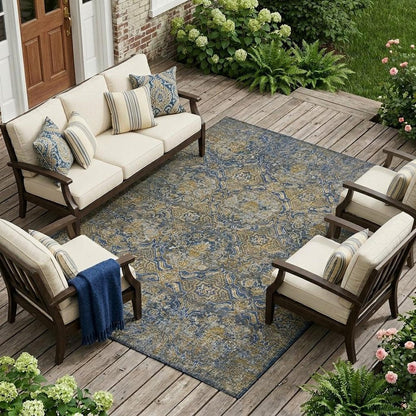 9' X 12' Navy Blue And Blue Floral Washable Indoor Outdoor Area Rug HomeRoots