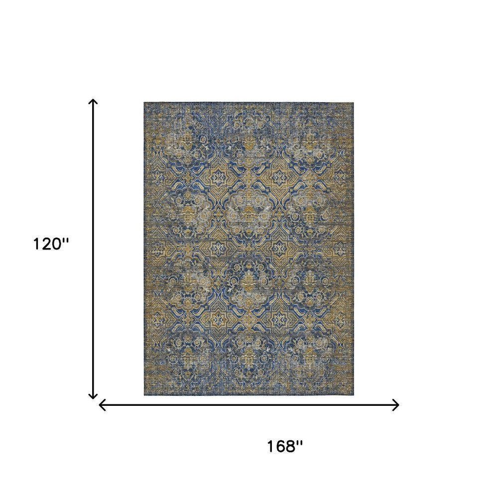 10' X 14' Navy Blue And Blue Floral Washable Indoor Outdoor Area Rug HomeRoots