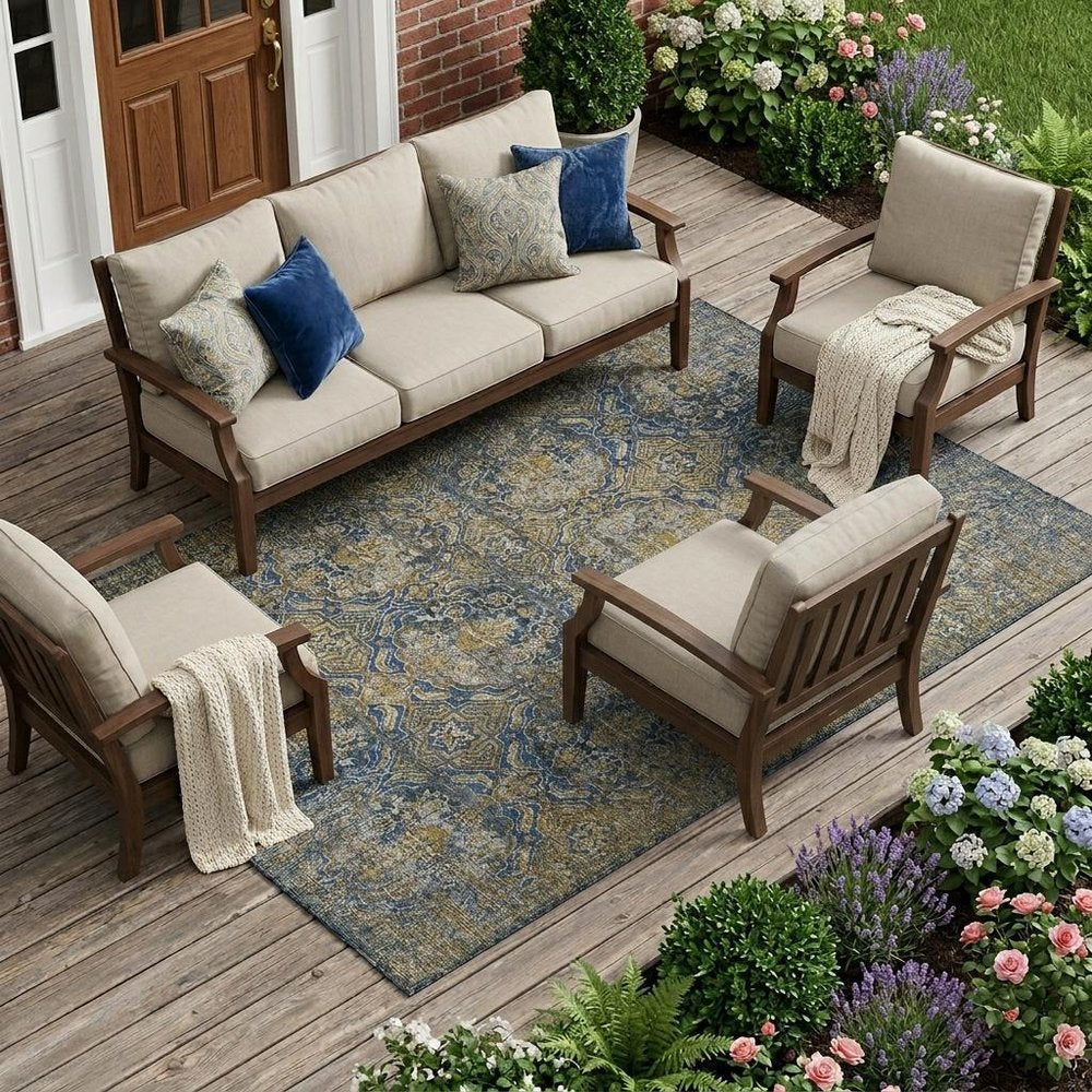 10' X 14' Navy Blue And Blue Floral Washable Indoor Outdoor Area Rug HomeRoots