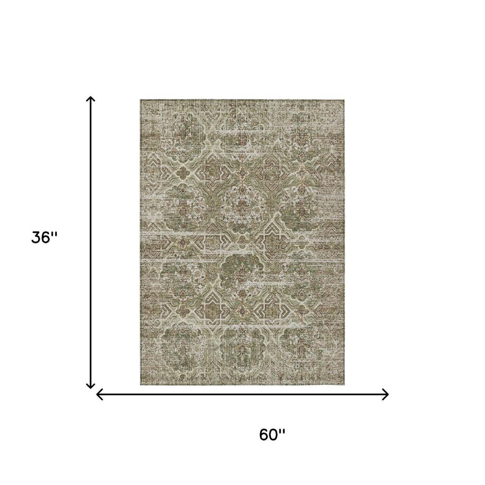 3' X 5' Olive Green And Green Floral Washable Indoor Outdoor Area Rug — view 4