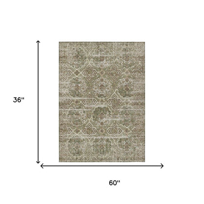 3' X 5' Olive Green And Green Floral Washable Indoor Outdoor Area Rug HomeRoots