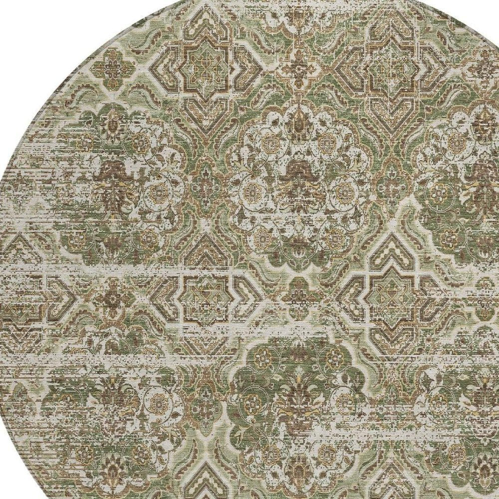 8' Olive Green And Green Round Floral Washable Indoor Outdoor Area Rug — view 6