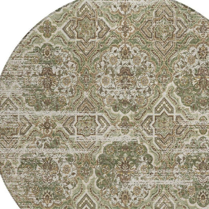 8' Olive Green And Green Round Floral Washable Indoor Outdoor Area Rug HomeRoots