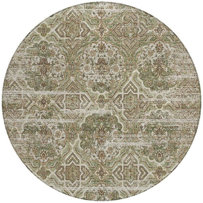 8' Olive Green And Green Round Floral Washable Indoor Outdoor Area Rug HomeRoots