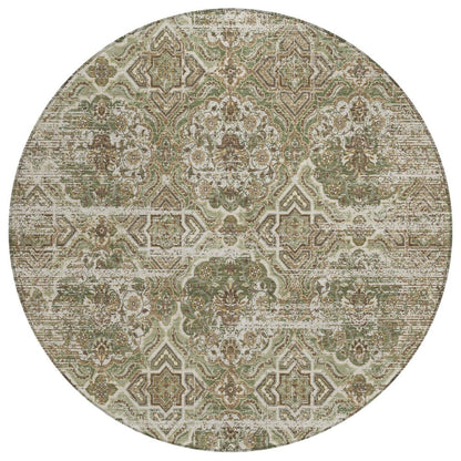 8' Olive Green And Green Round Floral Washable Indoor Outdoor Area Rug HomeRoots
