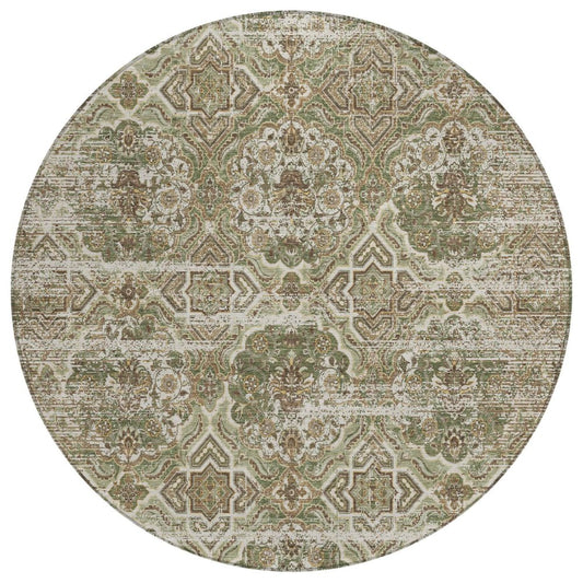8' Olive Green And Green Round Floral Washable Indoor Outdoor Area Rug