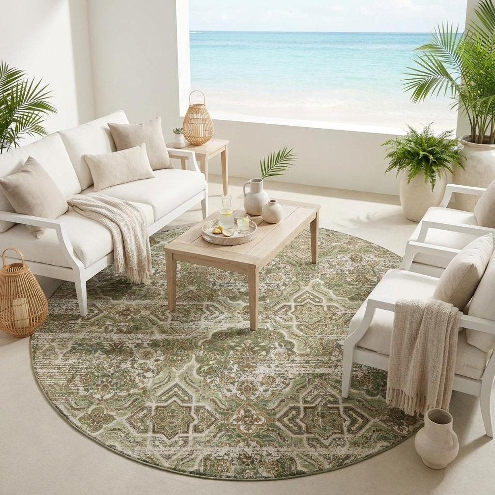 8' Olive Green And Green Round Floral Washable Indoor Outdoor Area Rug HomeRoots