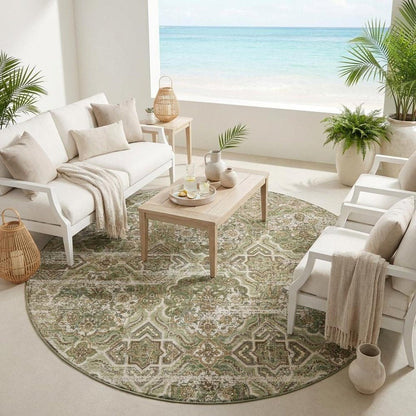 8' Olive Green And Green Round Floral Washable Indoor Outdoor Area Rug HomeRoots