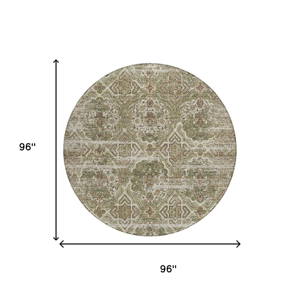 8' Olive Green And Green Round Floral Washable Indoor Outdoor Area Rug — view 4