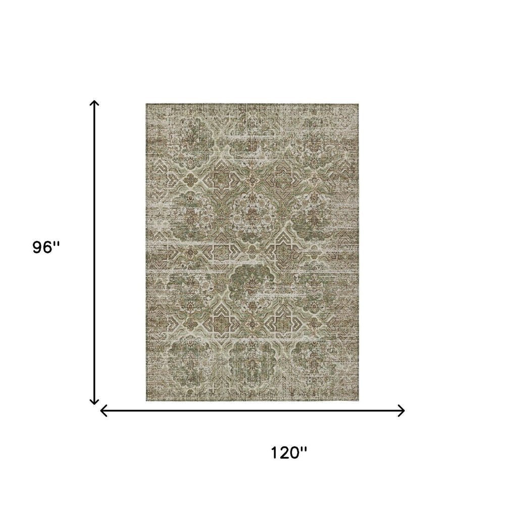 8' X 10' Olive Green And Green Floral Washable Indoor Outdoor Area Rug — view 4