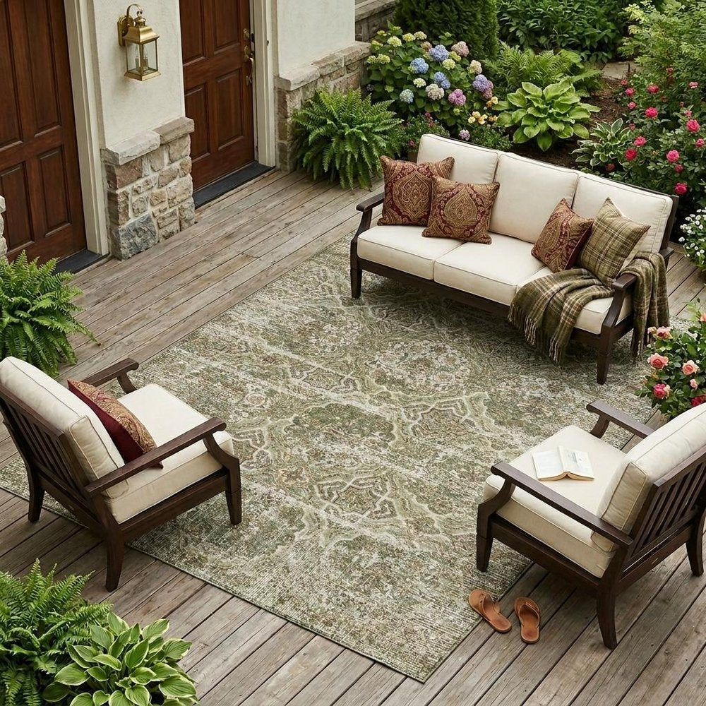 8' X 10' Olive Green And Green Floral Washable Indoor Outdoor Area Rug HomeRoots