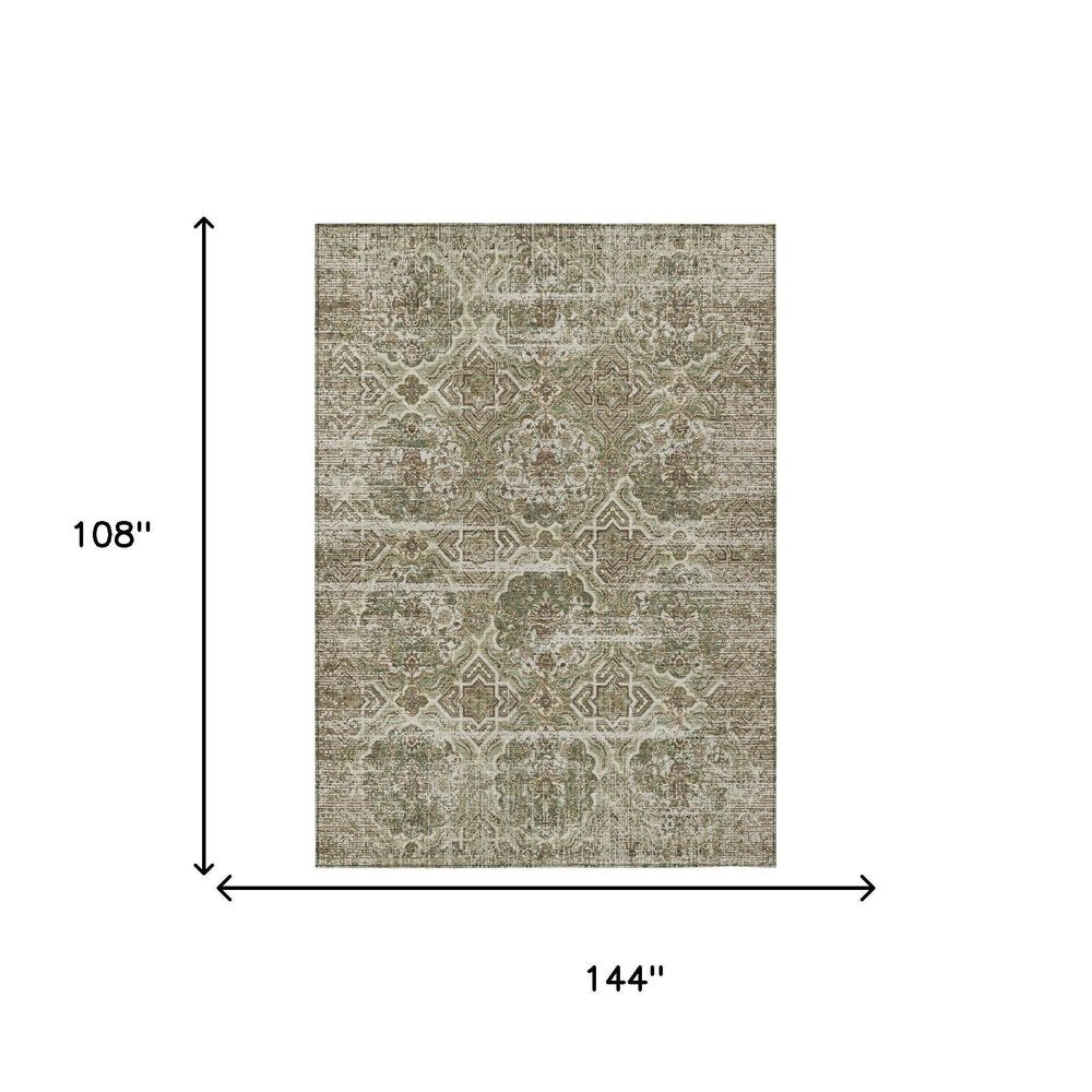 9' X 12' Olive Green And Green Floral Washable Indoor Outdoor Area Rug