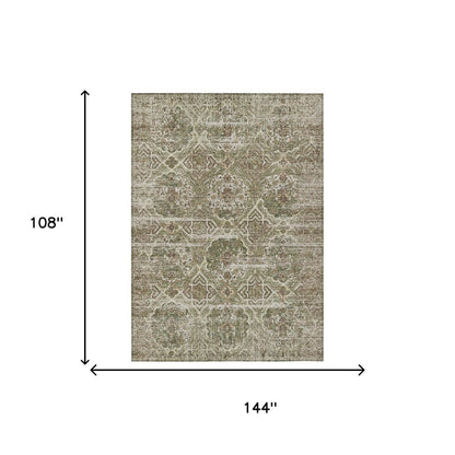 9' X 12' Olive Green And Green Floral Washable Indoor Outdoor Area Rug