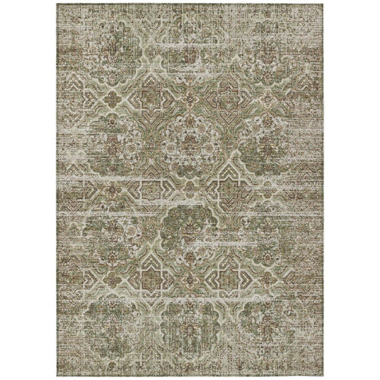 9' X 12' Olive Green And Green Floral Washable Indoor Outdoor Area Rug