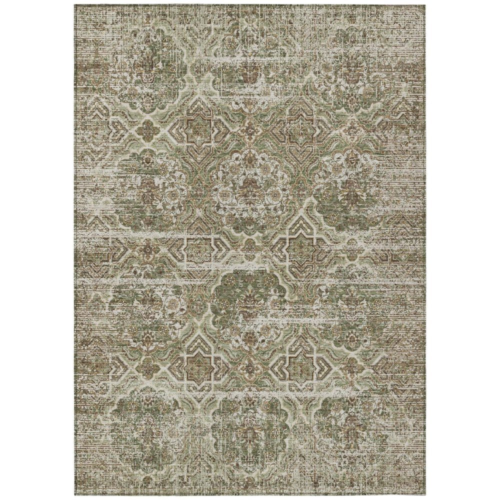 9' X 12' Olive Green And Green Floral Washable Indoor Outdoor Area Rug