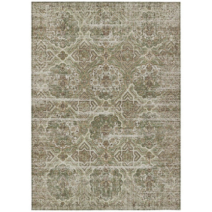 9' X 12' Olive Green And Green Floral Washable Indoor Outdoor Area Rug