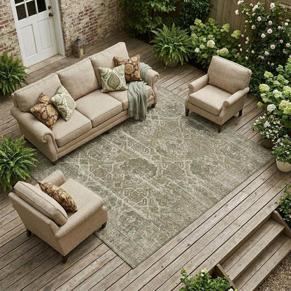 9' X 12' Olive Green And Green Floral Washable Indoor Outdoor Area Rug