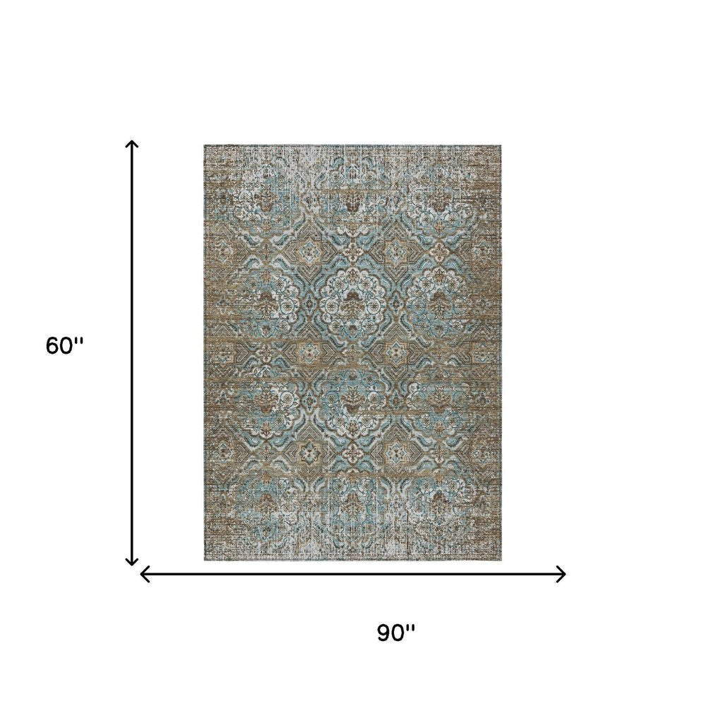 5' X 8' Teal Blue And Blue Floral Washable Indoor Outdoor Area Rug HomeRoots