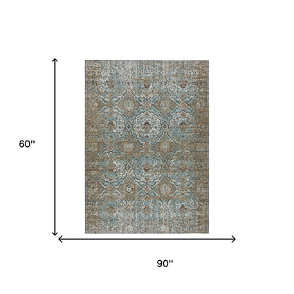5' X 8' Teal Blue And Blue Floral Washable Indoor Outdoor Area Rug HomeRoots