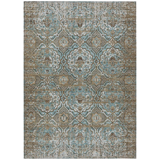 5' X 8' Teal Blue And Blue Floral Washable Indoor Outdoor Area Rug