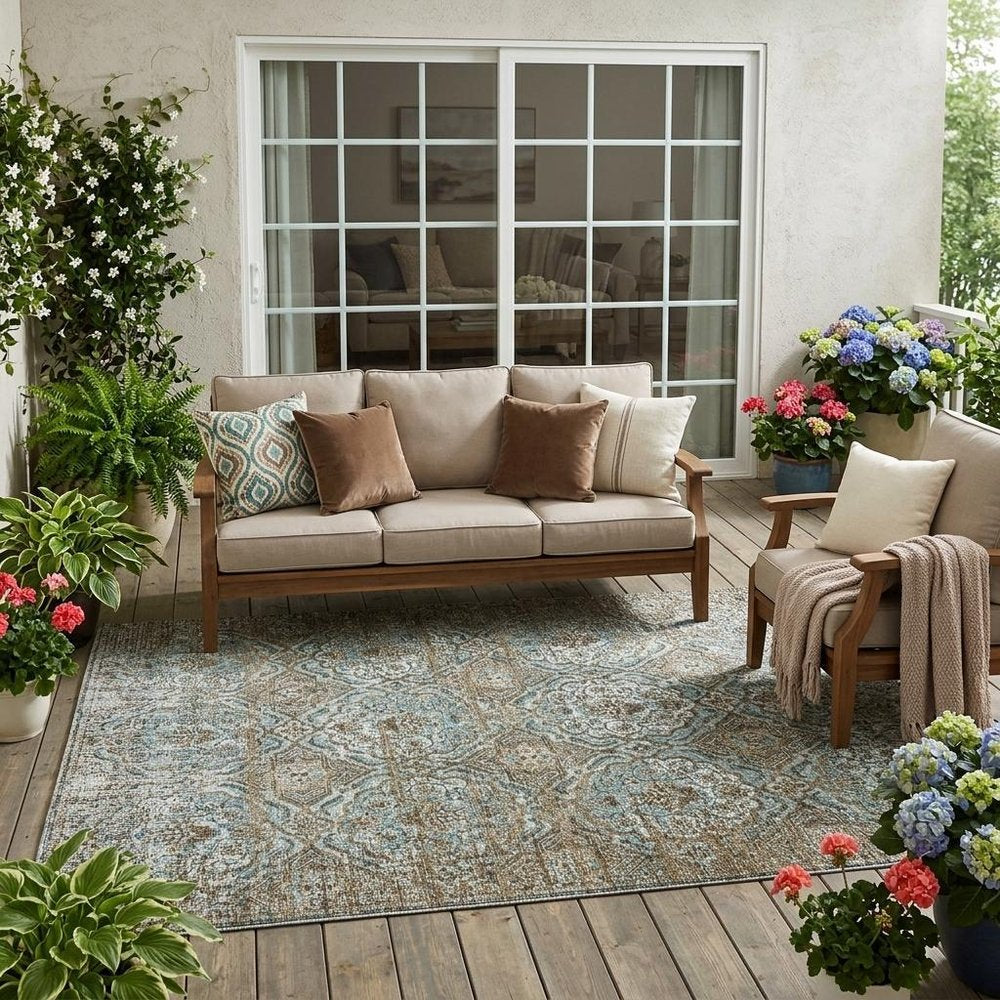 5' X 8' Teal Blue And Blue Floral Washable Indoor Outdoor Area Rug — view 5